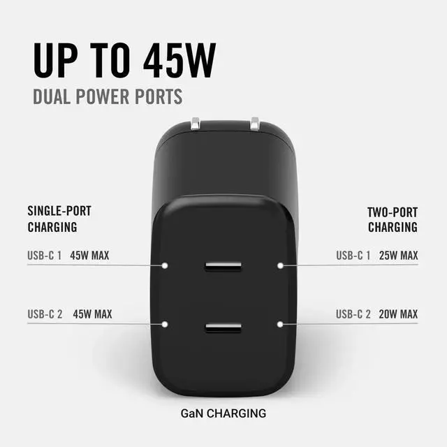 Alt view image 2 of 7 - Ridge 45W Wall Charger Set, Dual USB-C Ports, Laptop-Grade Power with Complete Cable Kit Included - Matte Black