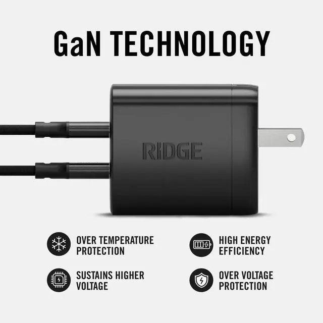 Alt view image 3 of 7 - Ridge 45W Wall Charger Set, Dual USB-C Ports, Laptop-Grade Power with Complete Cable Kit Included - Matte Black