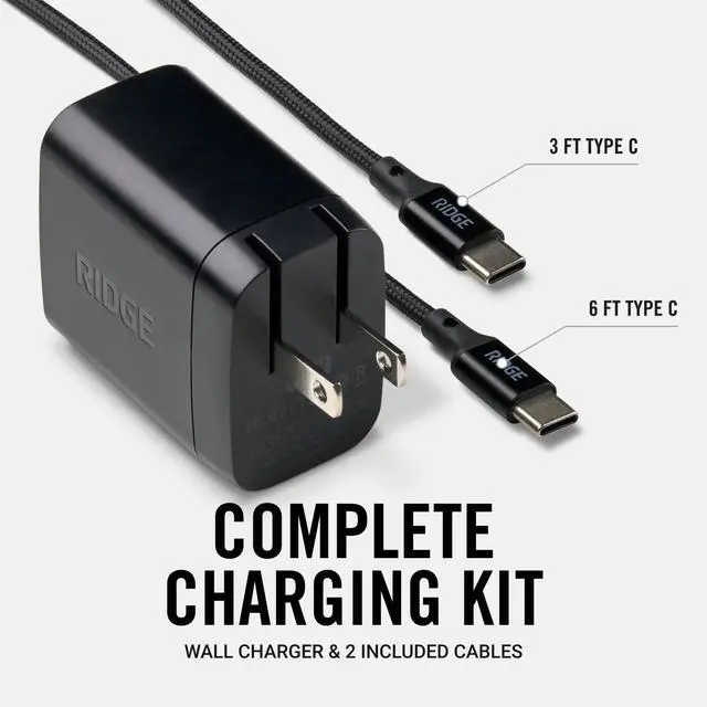Alt view image 4 of 7 - Ridge 45W Wall Charger Set, Dual USB-C Ports, Laptop-Grade Power with Complete Cable Kit Included - Matte Black