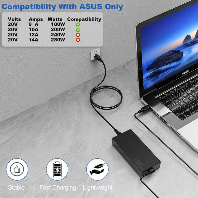 Alt view image 6 of 6 - 200W 20V 10A AC Adapter for ASUS Laptop ROG Zephyrus G16 (2024) GA605 GU605 G14 (2025) GA403 Charger A20-200P1A ADP-200JB K Power Supply