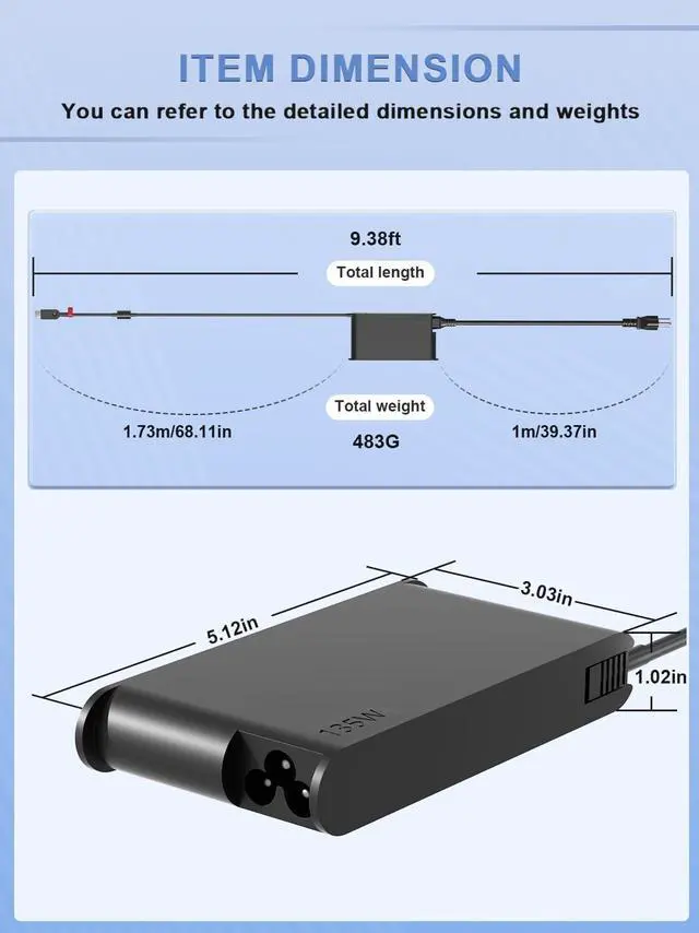 Alt view image 4 of 7 - 135W USB-C Charger Compatible with Lenovo ThinkPad Z16 P16s L16 L15 E16 E15 T16 T15 Yoga Slim/Pro 7 9, IdeaPad Pro 5 Laptop Replacement Adapter Suitable for Travel and Office use
