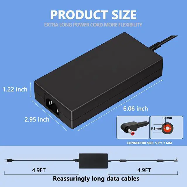 Alt view image 2 of 7 - 19.5V 11.8A 230W Laptop Charger for Acer Nitro 5 16 17 14 Predator Helios 300 PH315-53 54 55 AN16-51 AN17-71 Predator Triton 300 500 Aspire 7 A715-41G A715-42G Laptop Power Supply Adapter-5.5 * 1.7MM