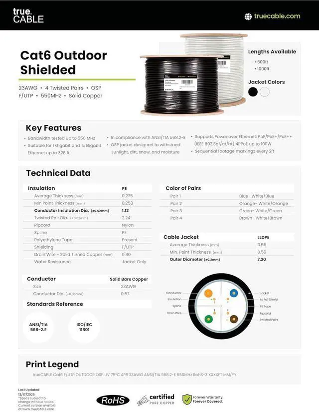 Alt view image 6 of 7 - TRUE CABLE Cat6 Outdoor Bulk Ethernet Cable, Shielded F/UTP, 1000ft, Black, UV Resistant, OSP Jacket, 23AWG Solid Bare Copper, 550MHz, PoE++ (4PPoE)