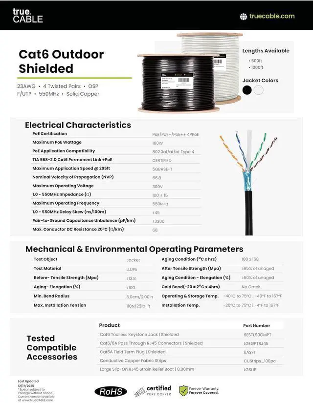 Alt view image 7 of 7 - TRUE CABLE Cat6 Outdoor Bulk Ethernet Cable, Shielded F/UTP, 1000ft, Black, UV Resistant, OSP Jacket, 23AWG Solid Bare Copper, 550MHz, PoE++ (4PPoE)