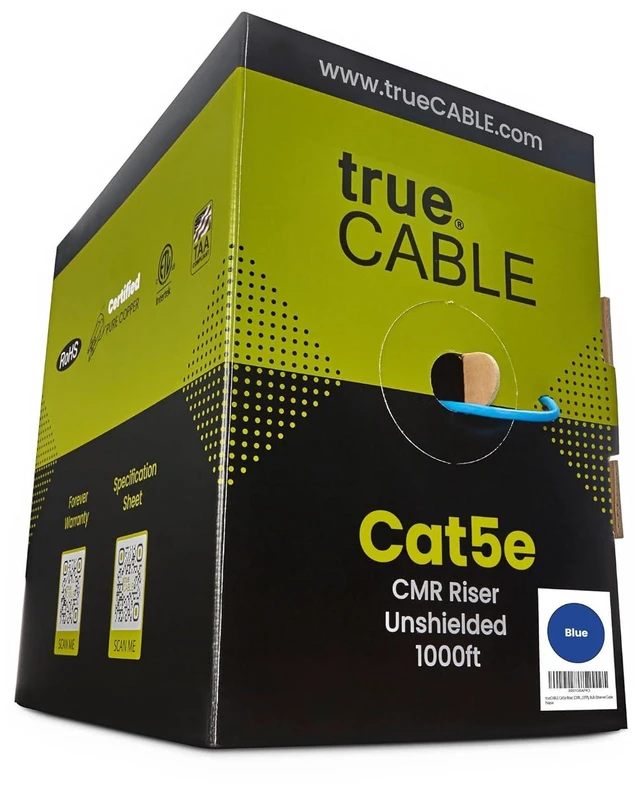 Main image of trueCABLE Cat5e Riser (CMR), 1000ft, Blue, 24AWG 4 Pair Solid Bare Copper, 350MHz, PoE++ (4PPoE), ETL Listed, Unshielded Twisted Pair (UTP), Bulk Ethernet Cable