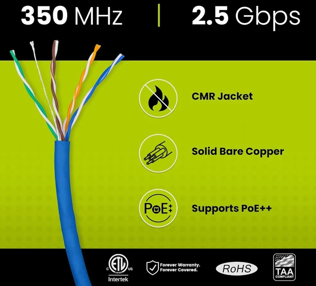 Alt view image 2 of 7 - trueCABLE Cat5e Riser (CMR), 1000ft, Blue, 24AWG 4 Pair Solid Bare Copper, 350MHz, PoE++ (4PPoE), ETL Listed, Unshielded Twisted Pair (UTP), Bulk Ethernet Cable