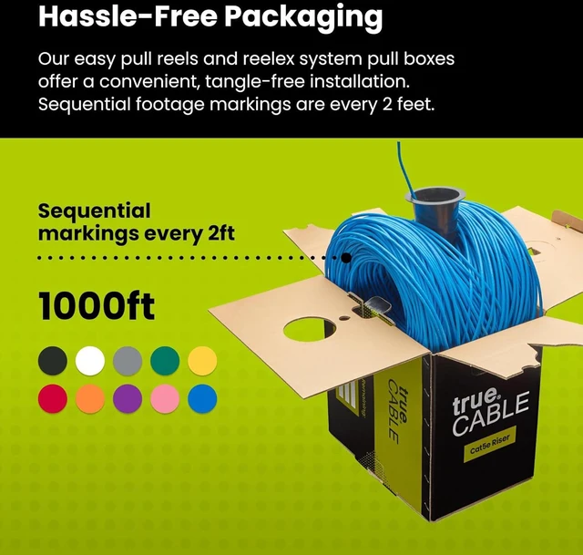 Alt view image 5 of 7 - trueCABLE Cat5e Riser (CMR), 1000ft, Blue, 24AWG 4 Pair Solid Bare Copper, 350MHz, PoE++ (4PPoE), ETL Listed, Unshielded Twisted Pair (UTP), Bulk Ethernet Cable