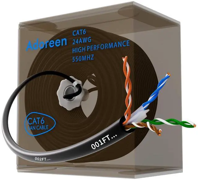 Main image of Adoreen Bulk Cat 6 Ethernet Cable 500 Ft Black, Easy Pull Box, 24AWG CCA, 10Gbps 550Mhz, POE,Soft Flexible Smooth UTP Internet Network Cable-Running FT Count