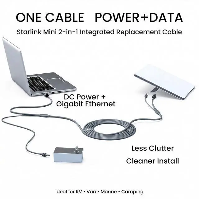 Alt view image 2 of 5 - 50FT/15M Starlink Mini Ethernet Cable, 2-in-1 Integrated DC Power and Gigabit Data Replacement Cord, Heavy-Duty Waterproof Starlink Mini Accessories for RV, Marine, Camping