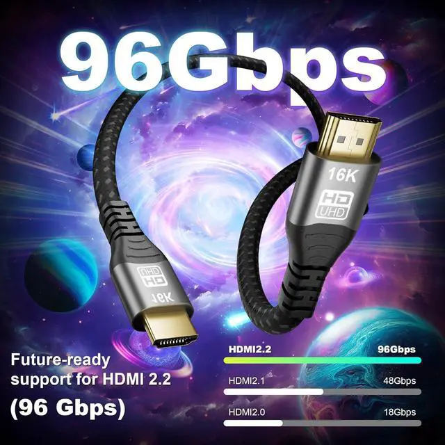 Alt view image 2 of 7 - 16K 10K 8K HDMI 2.2 Cable 16FT, 96Gbps Ultra High Speed HDMI Braided Cord, Support 16K@60Hz 8K@60Hz 4K@120Hz eARC HDCP 2.2&2.3 HDR10+ Dolby for PS5 PlayStatio5 Xbox Series X Apple TV 4K