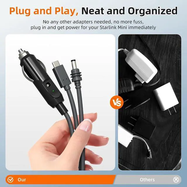 Alt view image 4 of 6 - RVMARINEPAT Starlink Mini 3-in-1 DC Power Cable 16FT, USB-C 12-24V Cigarette Lighter Plug & DC Male Cord Input Power Cable, Waterproof Power Cord Accessories for Starlink Mini