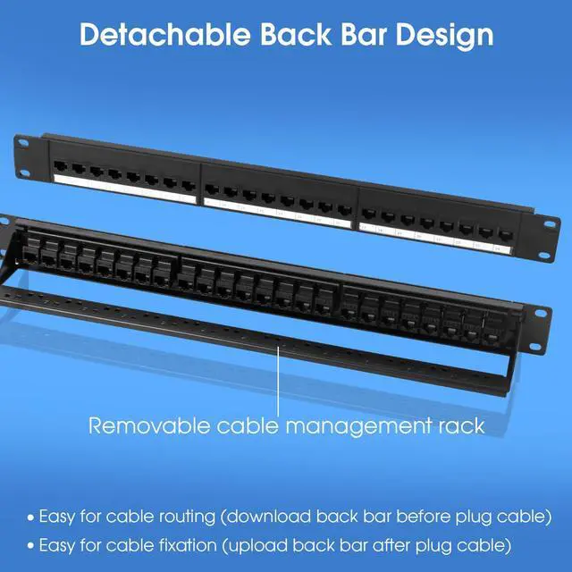 Alt view image 2 of 7 - 24 Port Keystone Patch Panel, 1U 19-inch RJ45 Network Patch Panel with Back Bar, Loaded with 24 Cat6 Couplers (Black)