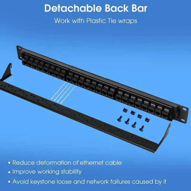 Alt view image 3 of 7 - 24 Port Keystone Patch Panel, 1U 19-inch RJ45 Network Patch Panel with Back Bar, Loaded with 24 Cat6 Couplers (Black)
