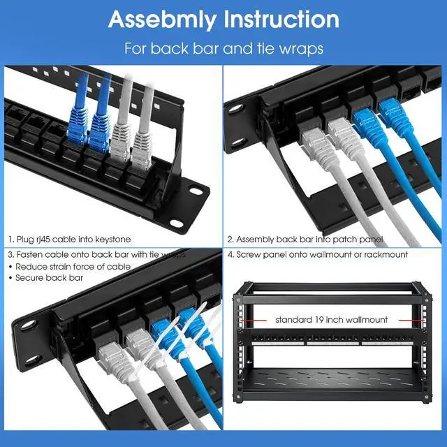 Alt view image 4 of 7 - 24 Port Keystone Patch Panel, 1U 19-inch RJ45 Network Patch Panel with Back Bar, Loaded with 24 Cat6 Couplers (Black)