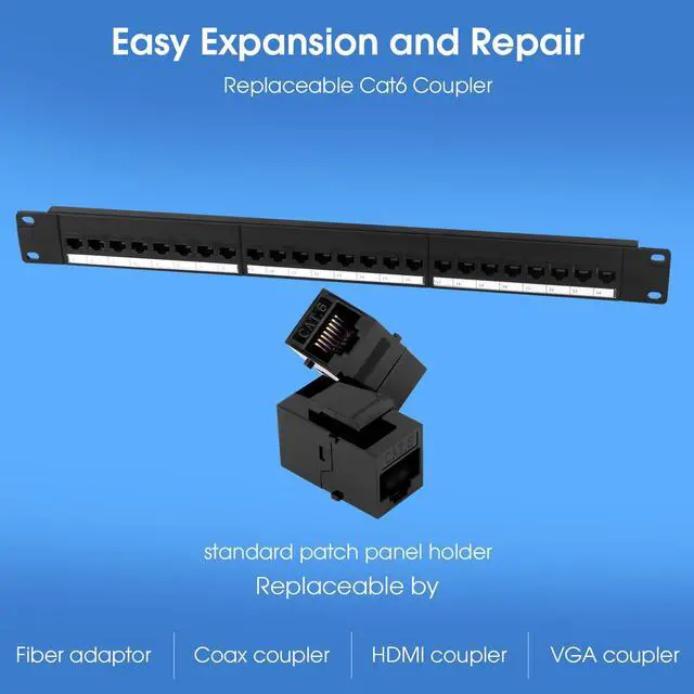 Alt view image 5 of 7 - 24 Port Keystone Patch Panel, 1U 19-inch RJ45 Network Patch Panel with Back Bar, Loaded with 24 Cat6 Couplers (Black)