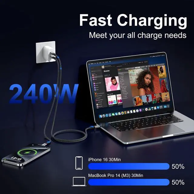Alt view image 3 of 7 - USB 4 Cable 10FT 2-pack, 40Gbps 240W Fast Charging USBC 4 Monitor Cord Supports 8K@60Hz, USB-C to USB-C 4 Cable Compatible with Thunderbolt 4/3, MacBook, iPhone 17/16/15, SSD, Dell, XPS, HP Laptop