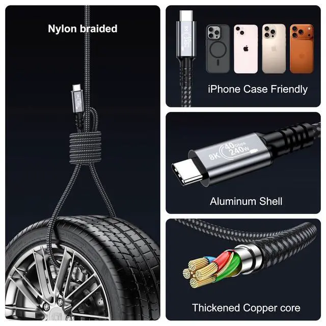 Alt view image 6 of 7 - USB 4 Cable 10FT 2-pack, 40Gbps 240W Fast Charging USBC 4 Monitor Cord Supports 8K@60Hz, USB-C to USB-C 4 Cable Compatible with Thunderbolt 4/3, MacBook, iPhone 17/16/15, SSD, Dell, XPS, HP Laptop