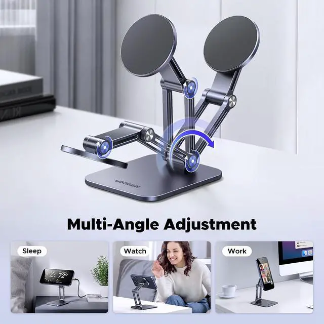 Alt view image 3 of 7 - UGREEN Magnetic Phone Stand Compatible with MagSafe Holder for Desk Ergonomic Design Adjustable, Aluminum Cell Phone Stand Compatible for iPhone 17 Air 16 15 14 13 12 Pro Max and MagSafe Case, Grey