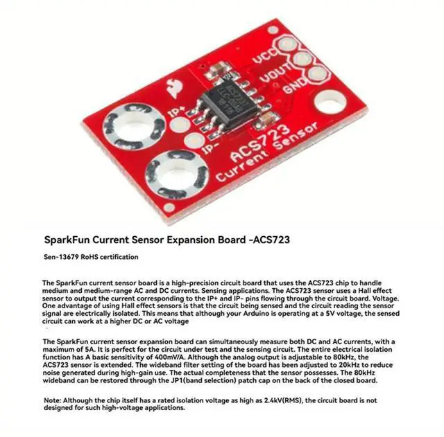 Alt view image 3 of 3 - ACS723 Current Sensor Breakout Sparkfun 5A AC/DC Current Sensing Board 400Mv/A Sensitivity Isolation Module