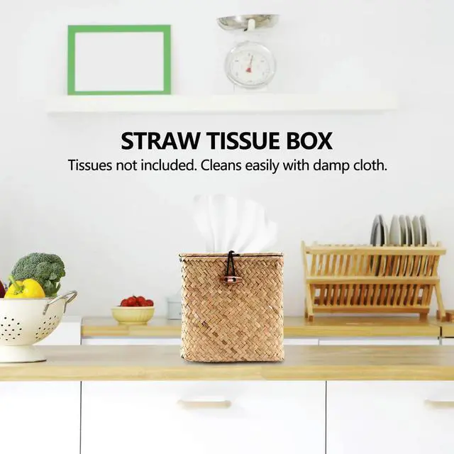 Alt view image 3 of 3 - 2 Pack Square Seagrass Facial Tissue Box - Decorative Woven Paper Holder Napkin Dispenser - Straw Tissue Box Cover