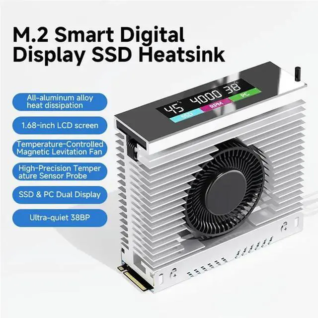 Alt view image 3 of 3 - M.2 2280 Cooler With ligent Temperature Sensing Control PWM Turbine Fan IPS Color Screen MCU Black