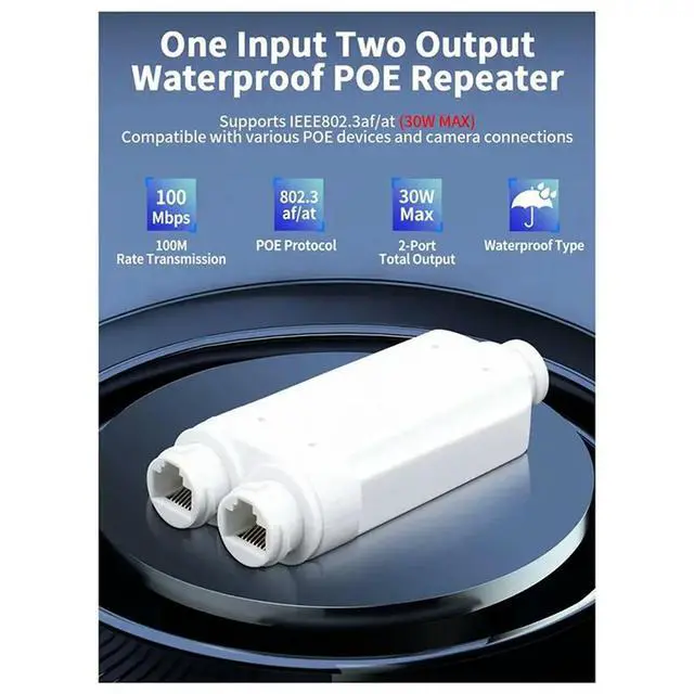 Alt view image 2 of 3 - 6X 2 Port Waterproof POE Repeater IP66 10/100Mbps 1 To 2 Poe Extender With IEEE802.3Af/At 48V Outdoor For POE Switch