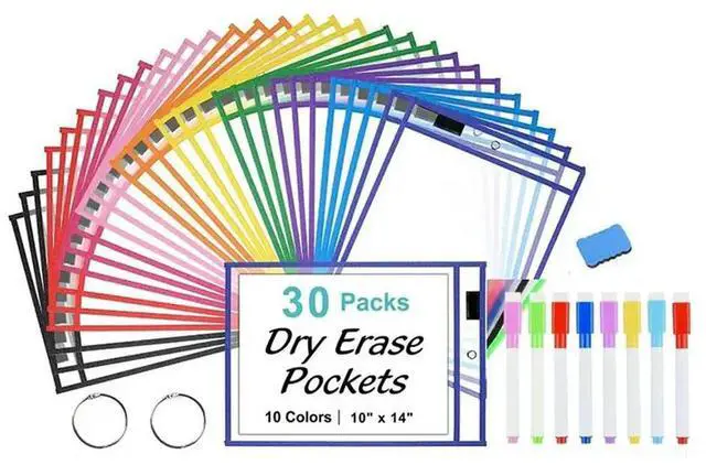 Main image of Dry Erase Pockets 30 Pack- Reusable Plastic Sleeves 10X14 Oversized With 2 Rings, 10 Assorted Colors