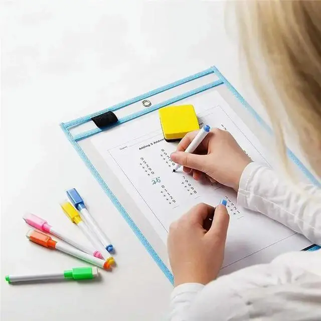 Alt view image 3 of 3 - Dry Erase Pockets 30 Pack- Reusable Plastic Sleeves 10X14 Oversized With 2 Rings, 10 Assorted Colors