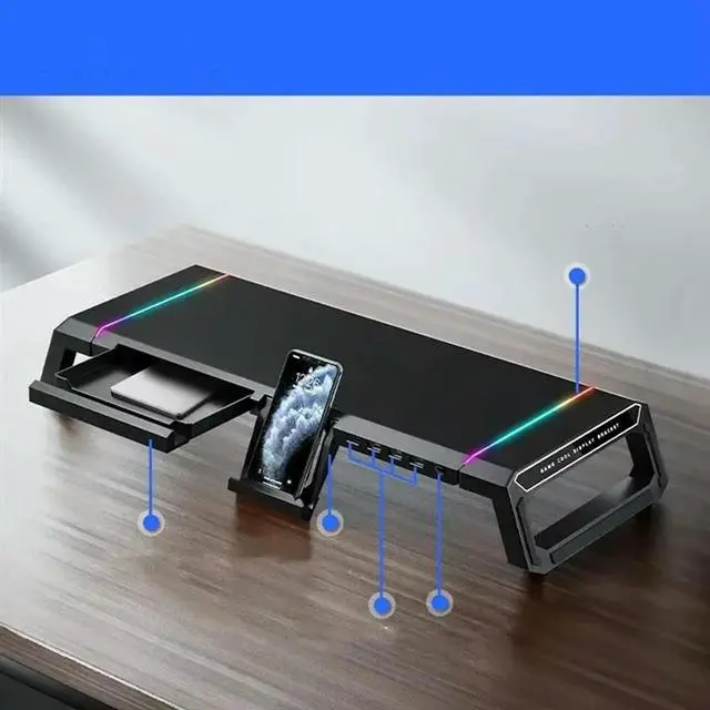Alt view image 2 of 3 - SlePC Monitor Stand With 4USB Ports, RGB Lighting & Fast USB2.0 Charging For Keyboard