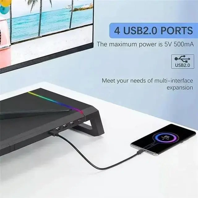 Alt view image 3 of 3 - SlePC Monitor Stand With 4USB Ports, RGB Lighting & Fast USB2.0 Charging For Keyboard
