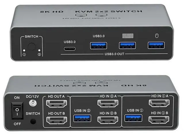 Main image of 8K -Compatible KVM 2X 2 Switch Dual-Screen 2-In-2-Out Switcher For Laptop/PC Share Monitor Keyboard Mouse EU Plug