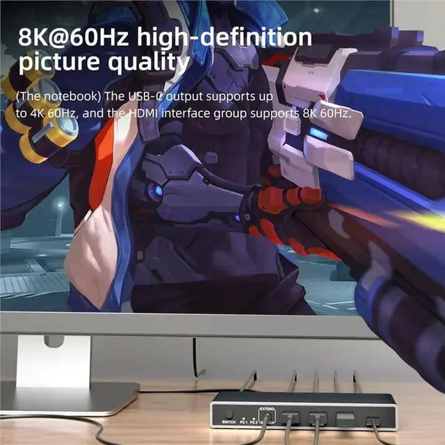 Alt view image 2 of 3 - USB-C+UHD 2X1 KVM Switch 4K 60Hz 2 In 1 Out - 8K 60Hz USB-C/DP In To DP Out Two PC Share A Monitor/Keyboard Mouse