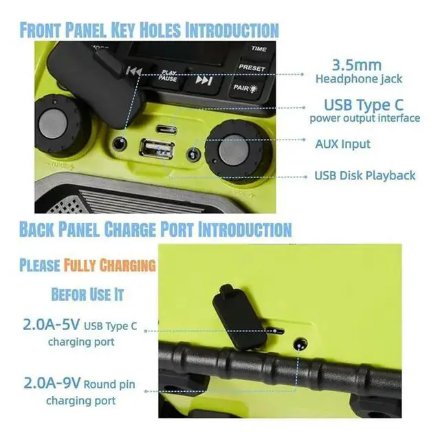 Alt view image 2 of 3 - Outdoor Radio IP66 Waterproof Bluetooth Speaker, FM Clock Radio With LED Light For Camping/Fishing/Party