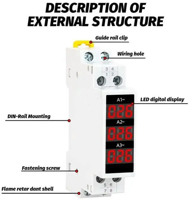 Alt view image 3 of 3 - 10X Din Rail Mount 3 Phase Ampere Meter Mini Modular Current Meter Gauge Indicator LED Digital Display Detector Ammeter