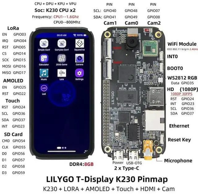 Alt view image 2 of 3 - T-Display K230 Lora Development Board T-Display-K230 K230 Chip Dual-Core RISC-V +-Compatible+Ethernet Port+ISP Cam 433MHZ