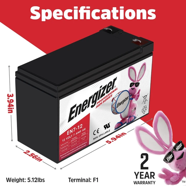 Alt view image 2 of 7 - Energizer EN7-12, 12 Volt 7 Amp Hr, Long Lasting Sealed Lead Acid AGM