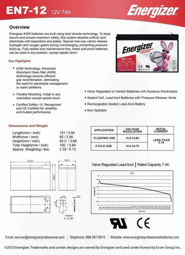 Alt view image 7 of 7 - Energizer EN7-12, 12 Volt 7 Amp Hr, Long Lasting Sealed Lead Acid AGM