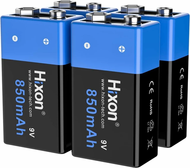 Main image of Hixon Rechargeable 9V Batteries 850mAh High Capacity 9V Batteries (4 Pack) 9 Volt Lithium Batteries for Smoke Alarms Multimeter Flashlights Metal Detector Electronic Toy & More(Charger NOT Included)