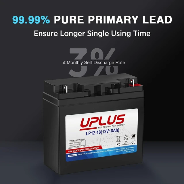 Alt view image 2 of 7 - Uplus 12V 18Ah Rechargeable AGM Battery with Nut and Bolt (NB) Terminal