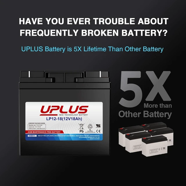 Alt view image 3 of 7 - Uplus 12V 18Ah Rechargeable AGM Battery with Nut and Bolt (NB) Terminal