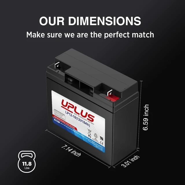 Alt view image 6 of 7 - Uplus 12V 18Ah Rechargeable AGM Battery with Nut and Bolt (NB) Terminal