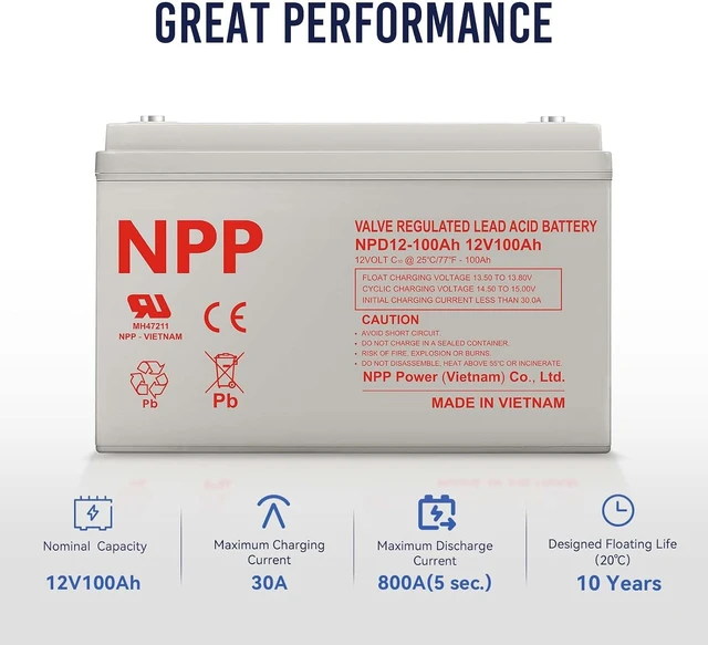 Alt view image 4 of 7 - NPP 12V 100Ah Deep Cycle AGM Battery, Group 31 Sealed Lead Acid Rechargeable, T16A Terminal Replacement for UPS Backup, RV, Marine, Trolling Motor, Solar and Off-Grid System