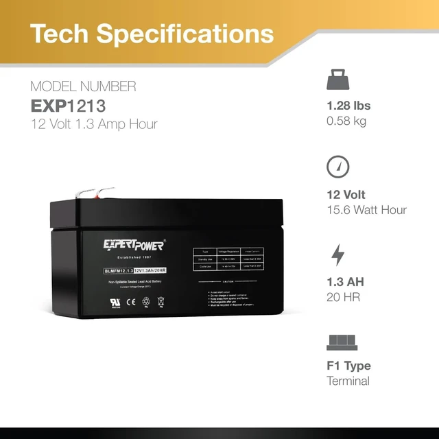 Alt view image 2 of 7 - ExpertPower EXP1213-1.3Ah 12V Battery Rechargeable SLA AGM with F1 Terminals, Sealed Lead Acid Small 12 Volt Battery Replacement Backup for Auxiliary, Mower, UPS, Alarm Batteries