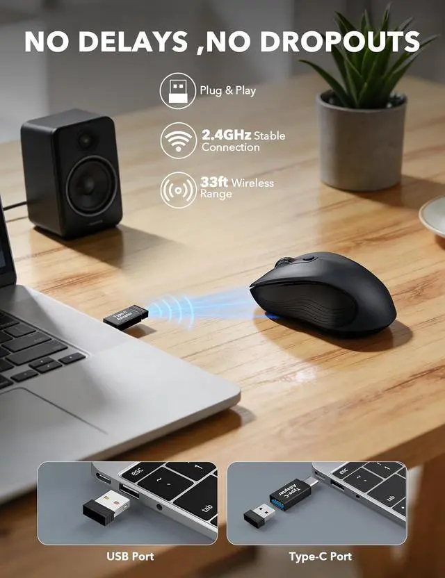 Alt view image 4 of 7 - Trueque Wireless Mouse, 2.4GHz Ergonomic Mouse for Laptop & PC, Silent Portable Computer Mice with Back & Forward Buttons, USB-C Adapter for Windows/Mac, M01 (Gray)