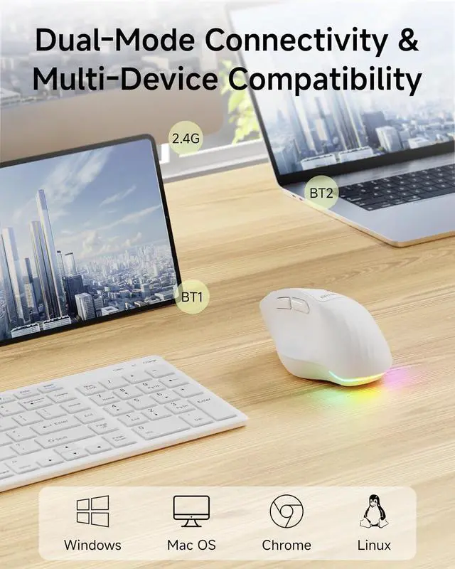 Alt view image 3 of 7 - EWEADN C2 Ergonomic Wireless Mouse, Rechargeable Bluetooth & 2.4G Dual Mode Computer Mouse with RGB, Quiet Clicks, 5 Adjustable 4000 DPI, Comfortable Grip for Laptop, PC, Mac, Office - White