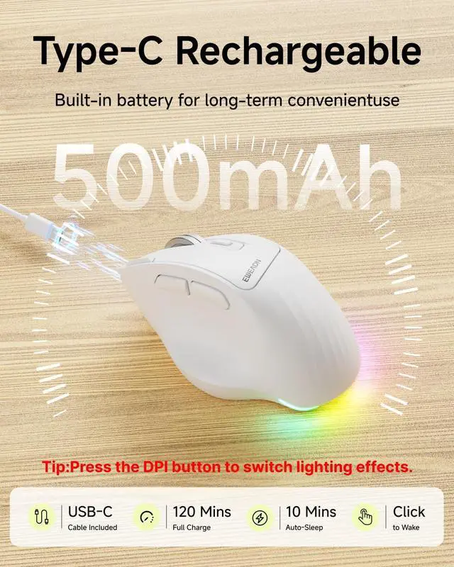 Alt view image 5 of 7 - EWEADN C2 Ergonomic Wireless Mouse, Rechargeable Bluetooth & 2.4G Dual Mode Computer Mouse with RGB, Quiet Clicks, 5 Adjustable 4000 DPI, Comfortable Grip for Laptop, PC, Mac, Office - White