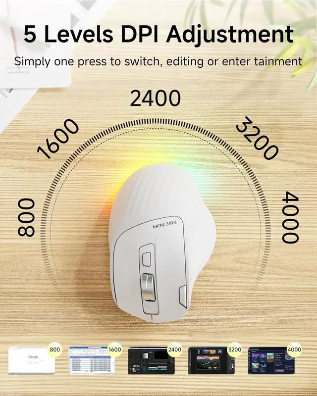 Alt view image 6 of 7 - EWEADN C2 Ergonomic Wireless Mouse, Rechargeable Bluetooth & 2.4G Dual Mode Computer Mouse with RGB, Quiet Clicks, 5 Adjustable 4000 DPI, Comfortable Grip for Laptop, PC, Mac, Office - White