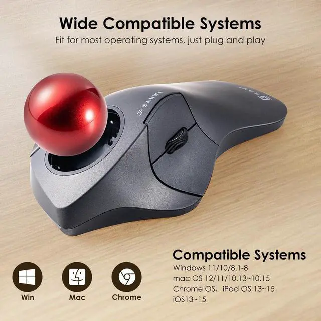 Alt view image 7 of 7 - SANWA Bluetooth 5.1 + 2.4 G Wireless Ergonomic Trackball Mouse, Finger Control Roller Ball Mouse, 3 Device Switch, Silent Programmable Buttons, 1000/1600/2400 DPl, Compatible with PC, Windows, MacOS