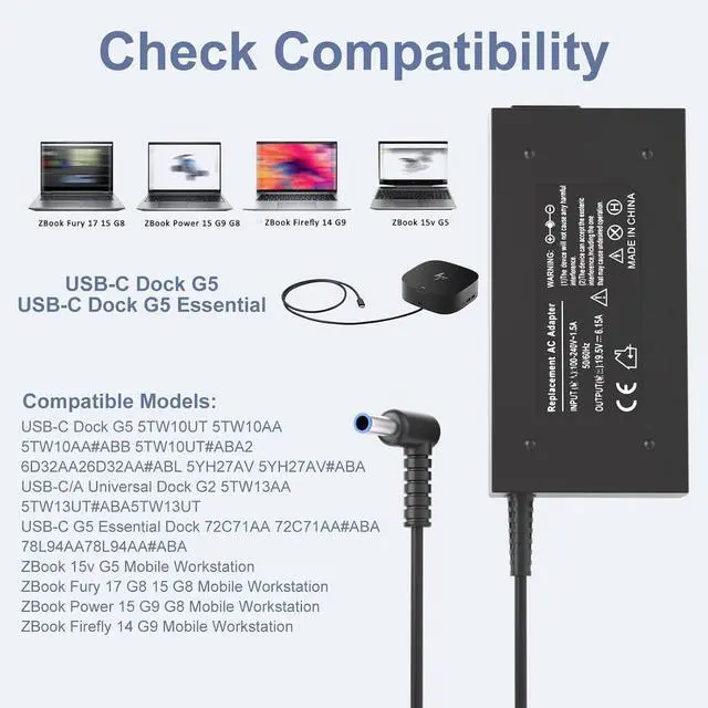 Alt view image 5 of 7 - 120W 19.5V 6.15A Charger Compatible with HP | Compatible with HP USB-C Dock G5 5TW10UT 5TW10AA 5TW10AA#ABB 5TW10UT#ABA, USB-C/A Universal Dock G2 5TW13AA