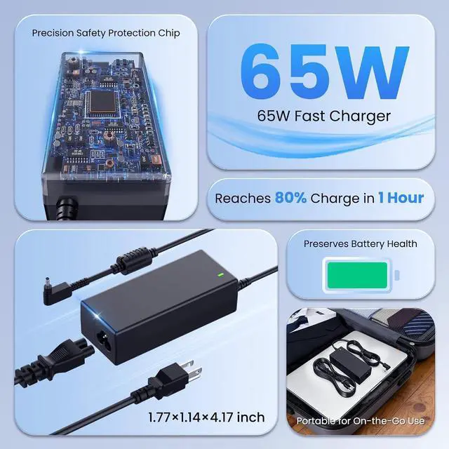 Alt view image 6 of 7 - 65W Laptop Charger Compatible with Acer ChromeBook 11 13 14 15 R11 N15Q8 N15Q9 N15Q10 CB3 CB5 C720 C720P C731 C738T C740 C810 C730E CB5-571 ADP-45FE F AC Adapter 19V 3.42A